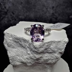 2.40 CT Oval Pink Amethyst Ring Size 6 Sterling Silver 925 White Topaz Accent